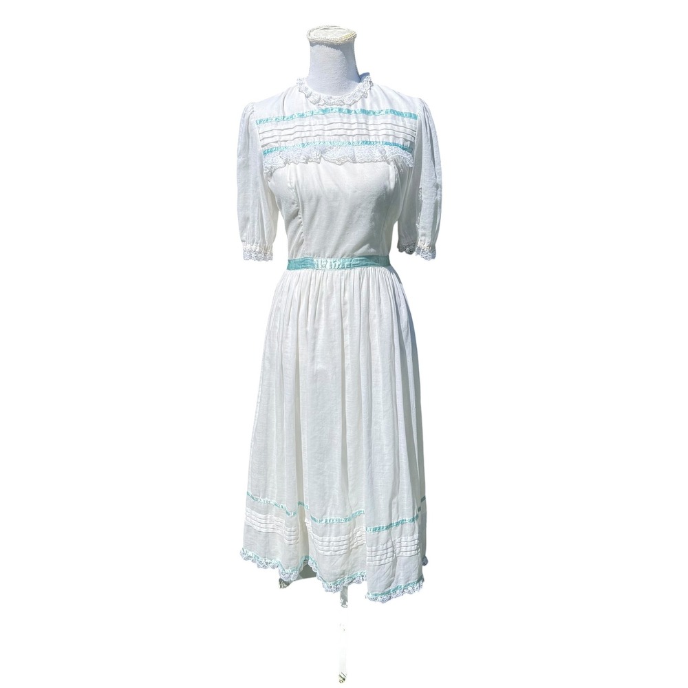 Vintage Gunne Sax Jessica McClintock White Lace Ribbon Prairie Midi Dress 9